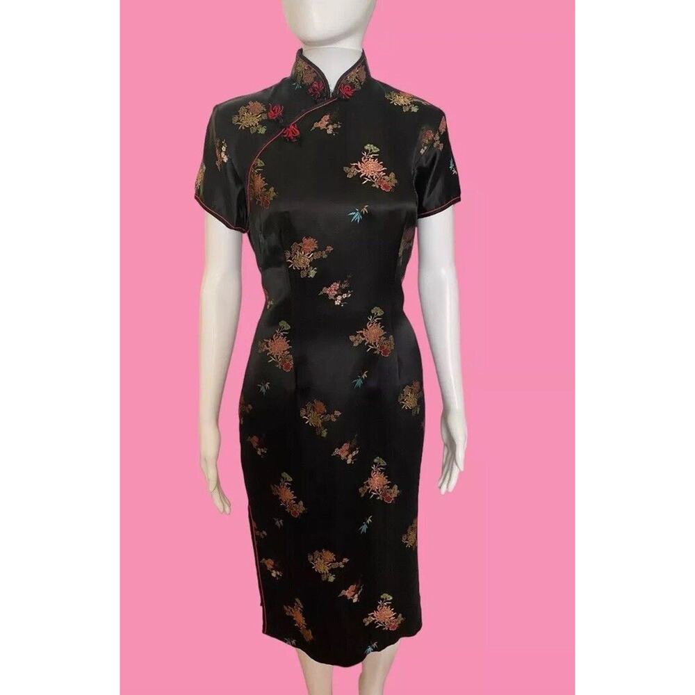 Vintage Solz Squirrel Black Floral Asian Chinese Cheongsam-Style Dress 38